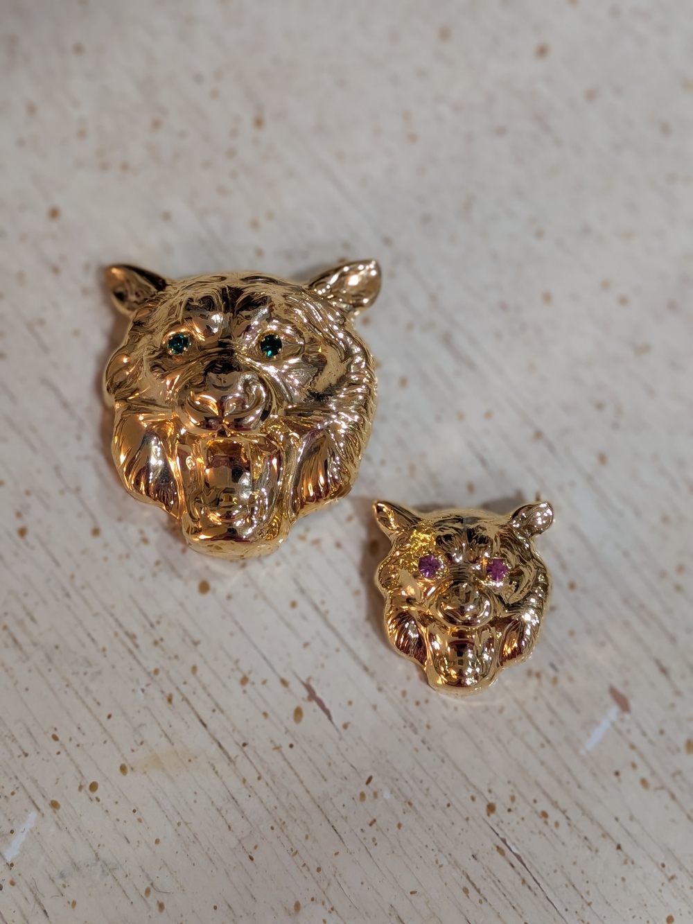 Gold Tiger Head Brooch with Colored Eye Accents - Gold